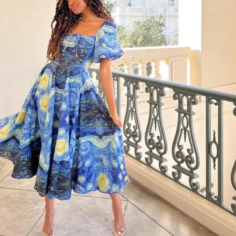 BEST Selkie The Starry Night Day Midi Dress Navy Van Gogh Masterpiece Medium - Picture 12 of 14